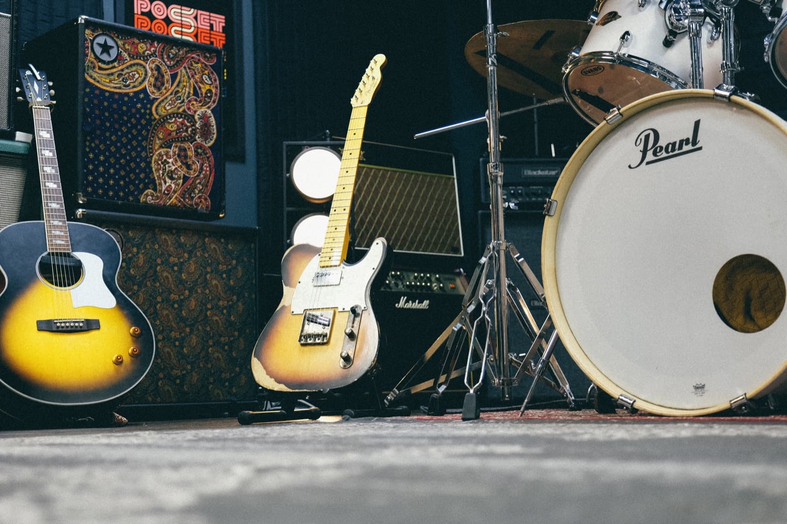 Telecaster and acoustic guitar with Marshall stack